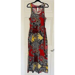 Lucky Brand Maxi Dress Womens S Red Yellow Paisley Boho Sleeveless Retro Gypsy